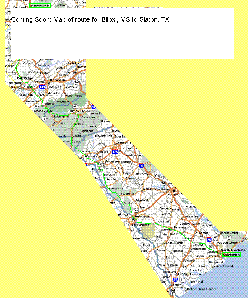 Map of the route from Biloxi, Mississippi, to Slaton, Texas